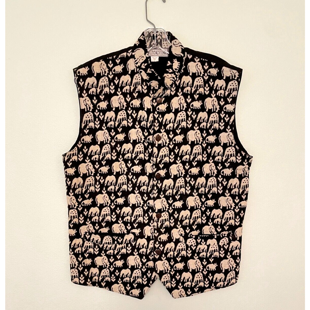 Vintage Accento Womens Vest Large Black Tapestry Elephant Art To Wear Boho 90s